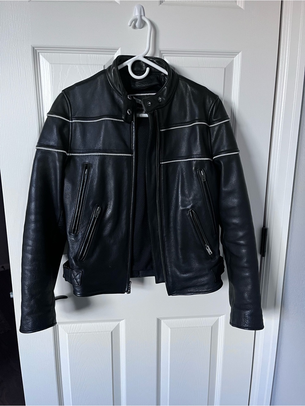 Women's Black Leather Biker Jacket with White Piping